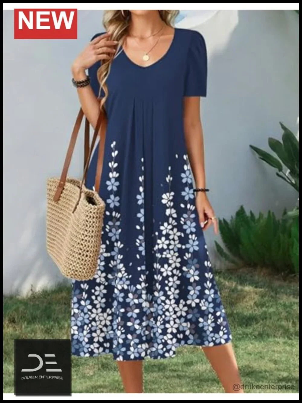 Women's Casual Floral Midi Sundress with Pockets V Neck Pleated Short Sleeve